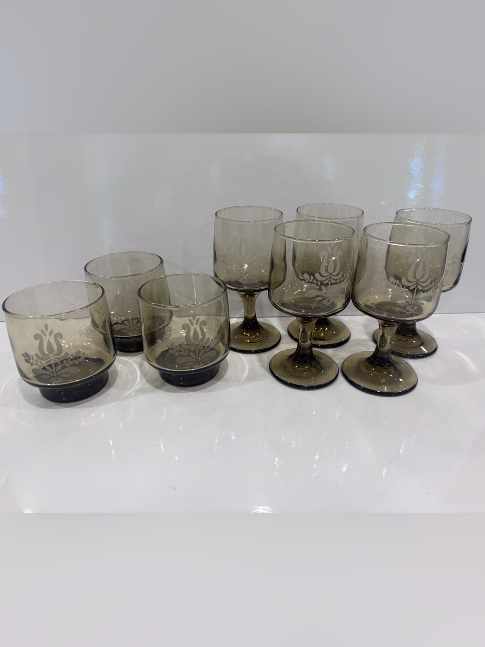 Pfaltzgraff Village Glasses Stemmed Glass 4 oz Etched Brown Vintage Set/8